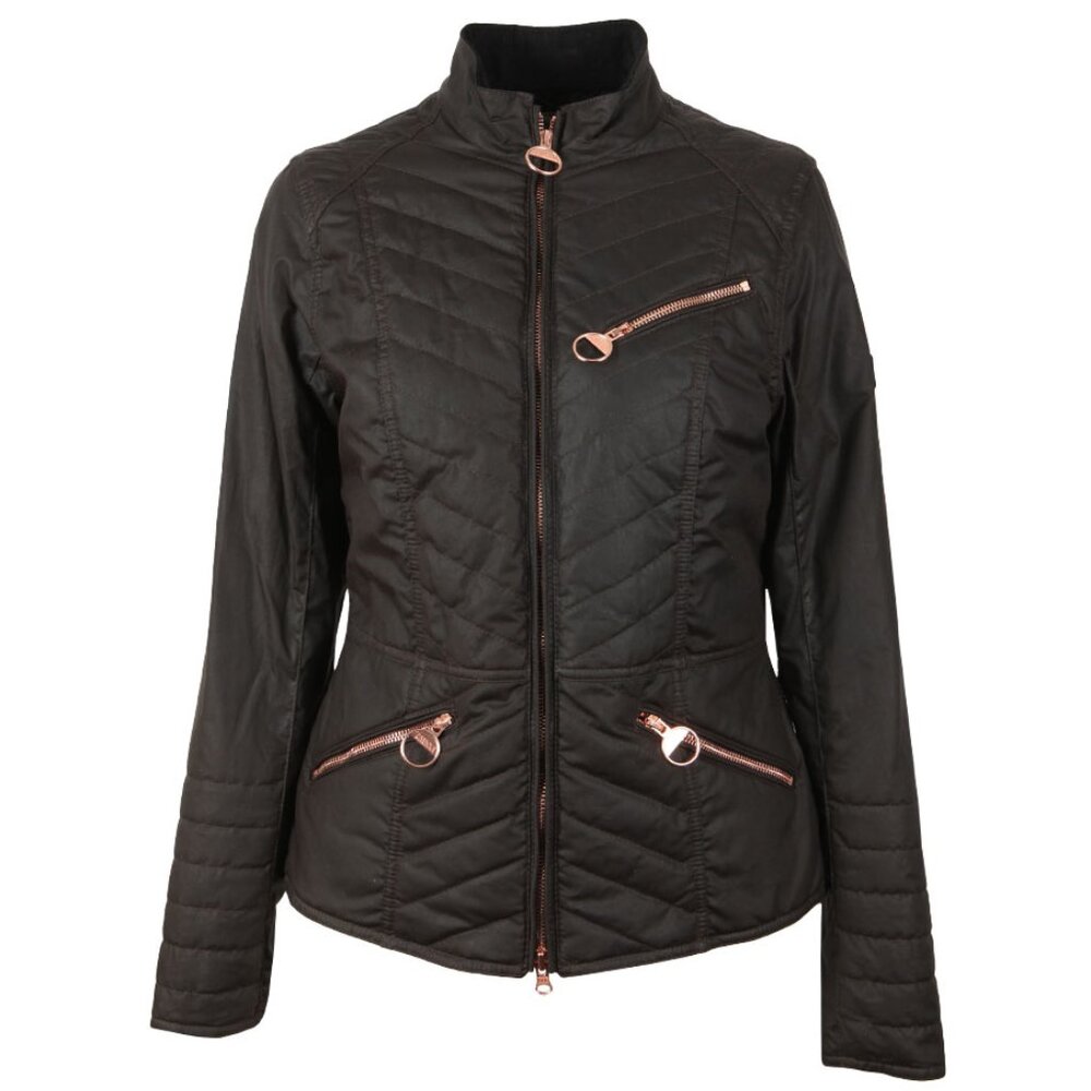 Barbour Backmarker Wax Jacket in brown w/ rose gold zippers, Size US12 / UK16